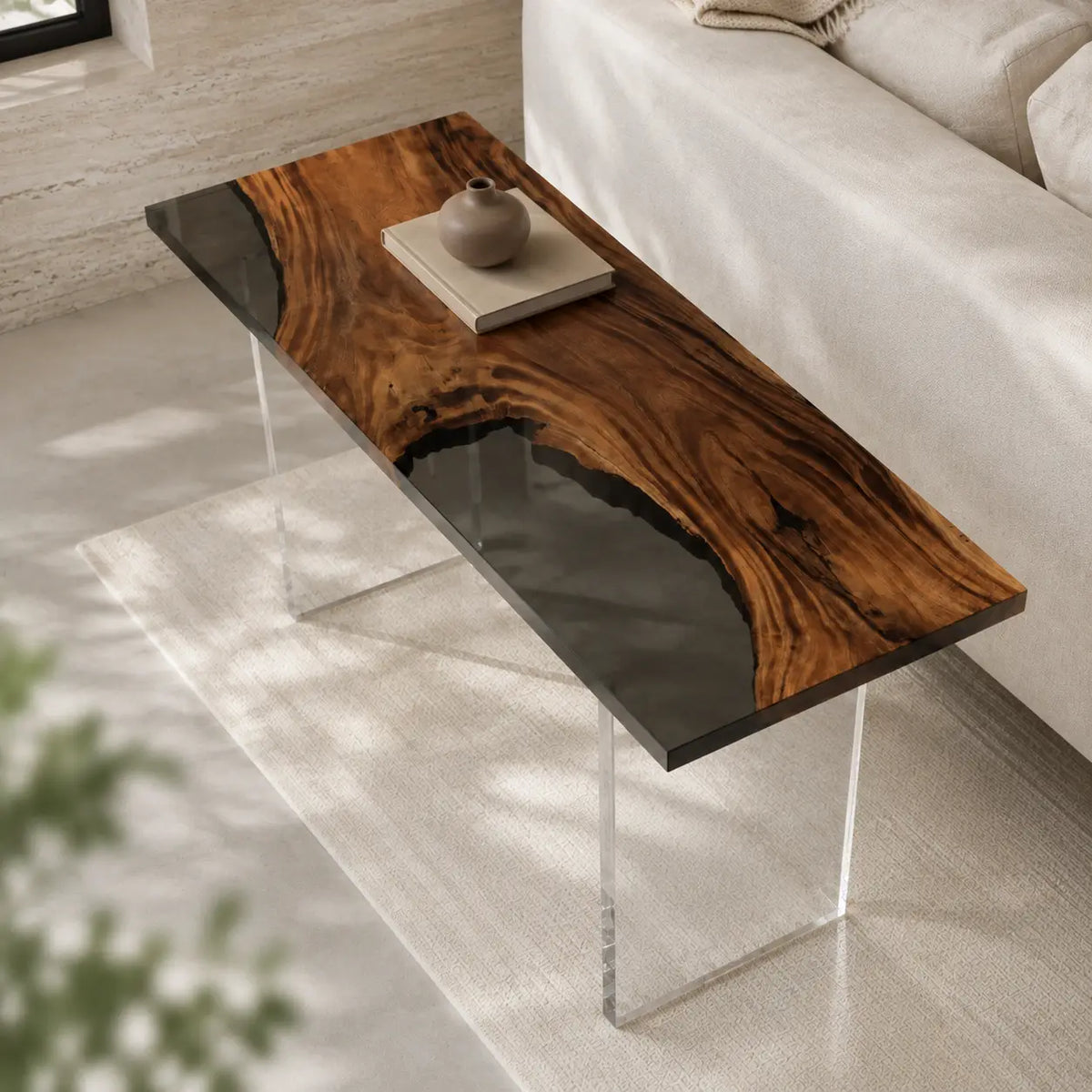 Night Crossing Smoky Black Transparent Epoxy River Walnut Side & End Table SET29