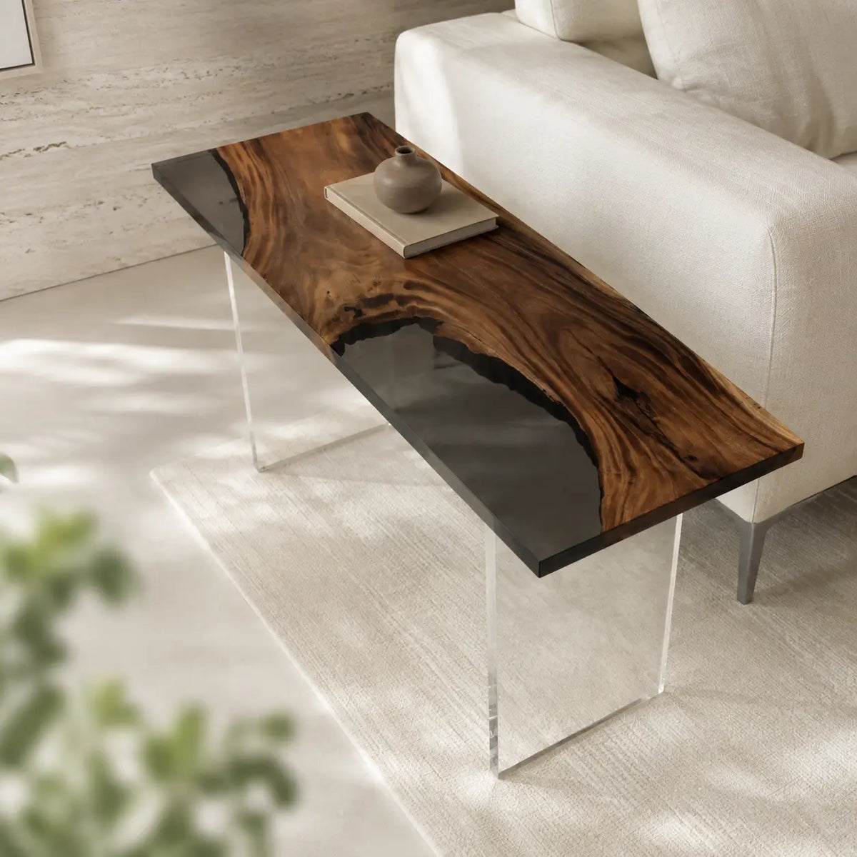 Night Crossing Smoky Black Transparent Epoxy River Walnut Side & End Table SET29