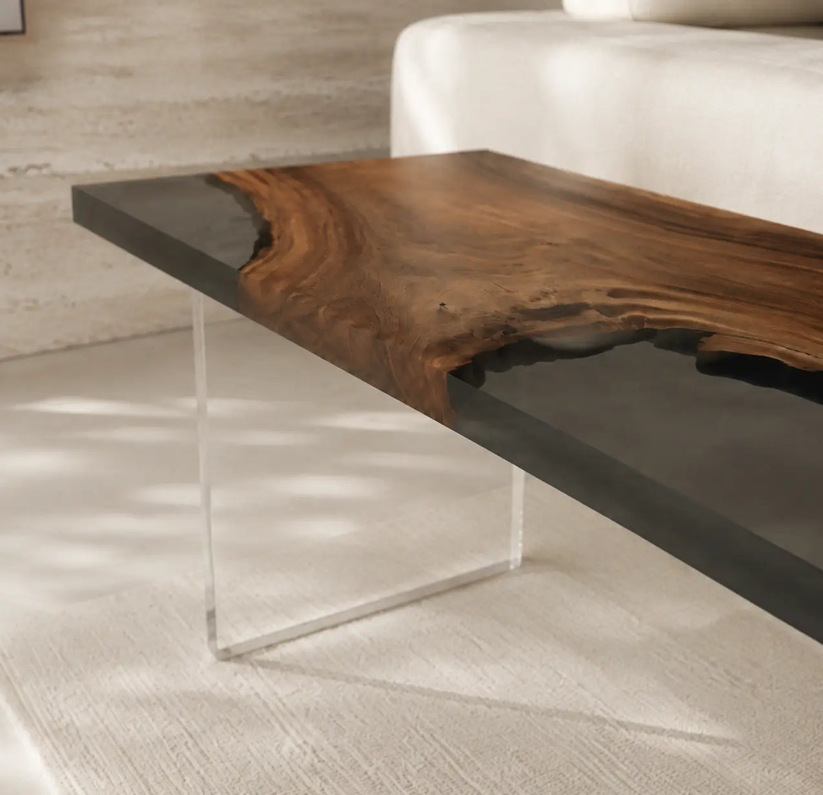 Night Crossing Smoky Black Transparent Epoxy River Walnut Side & End Table SET29