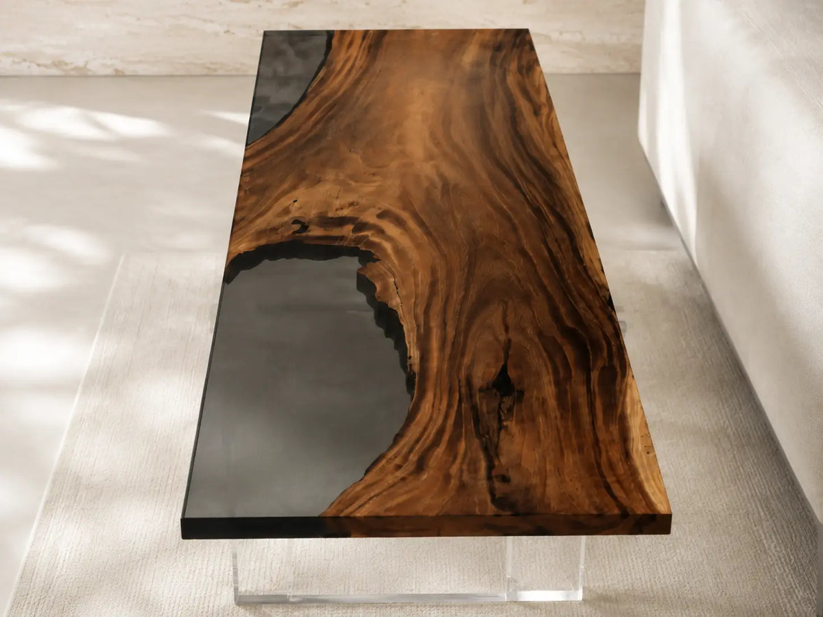 Night Crossing Smoky Black Transparent Epoxy River Walnut Side & End Table SET29