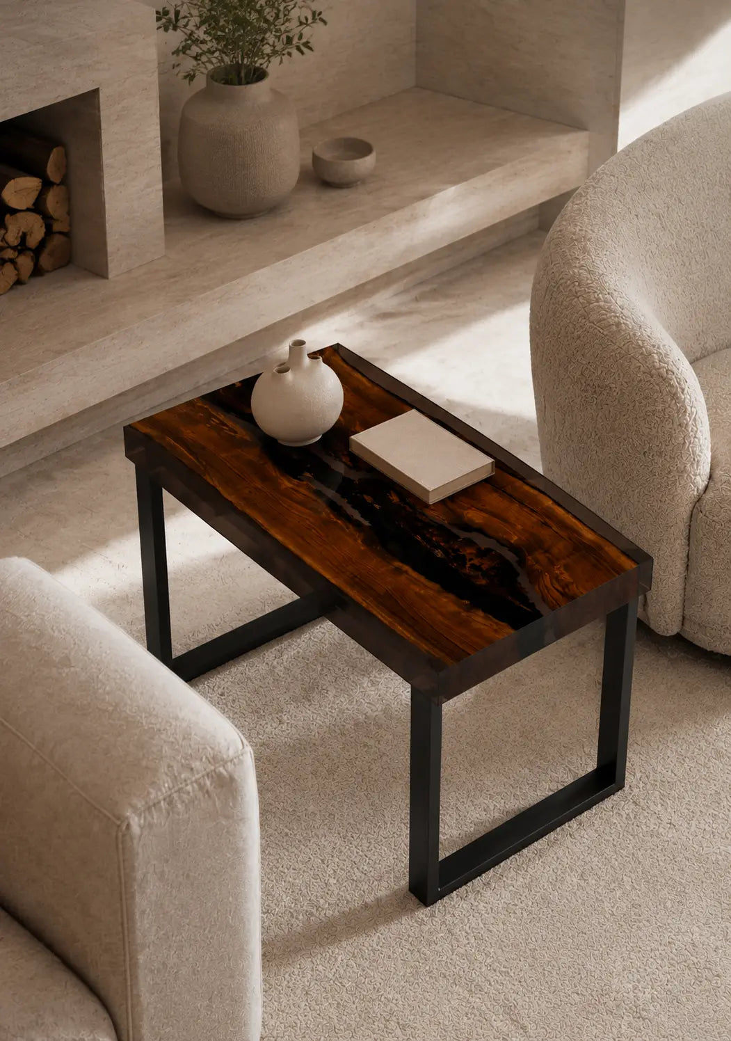 Shadow Stream Smoky Black Epoxy River Walnut Side & End Table SET30