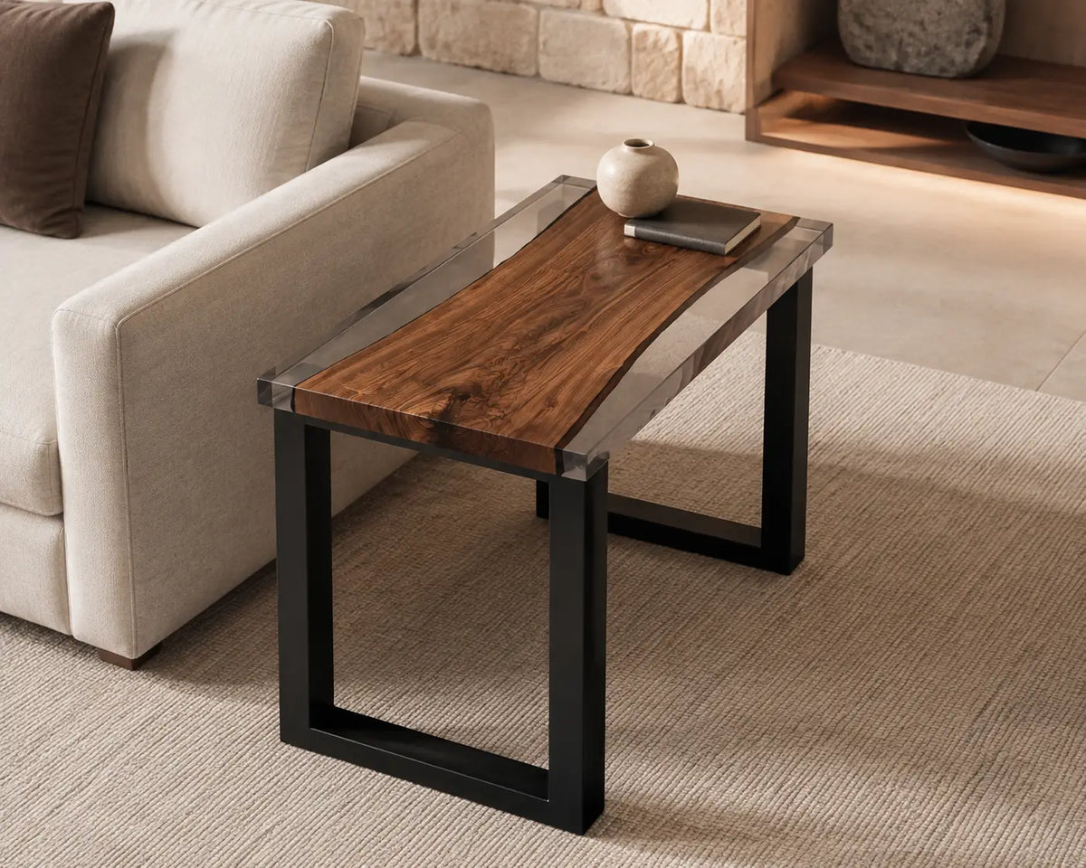 Smoke Line smoky transparent gray epoxy river black walnut side and end table SET32