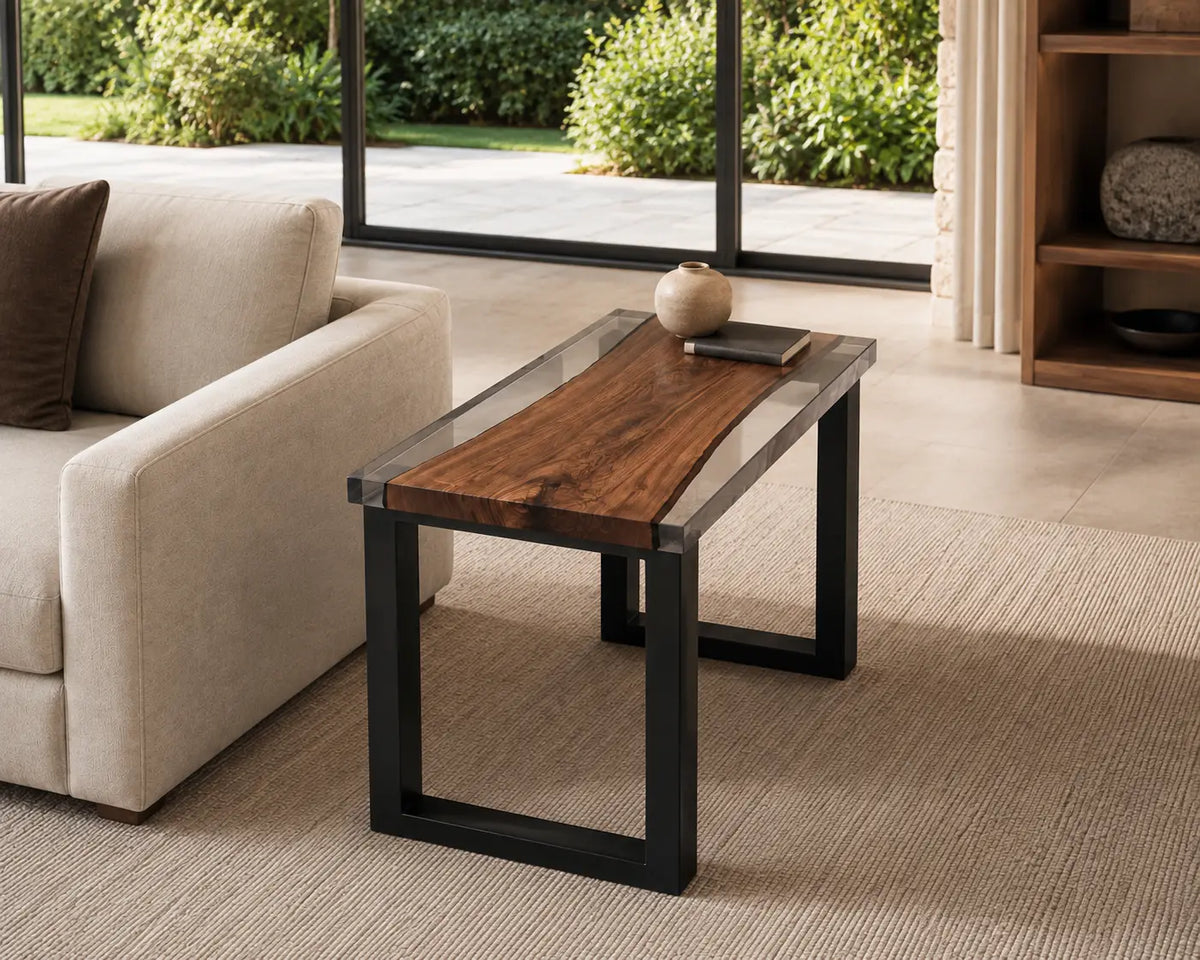 Smoke Line Smoky Transparent Gray Epoxy River Black Walnut Side & End Table SET32