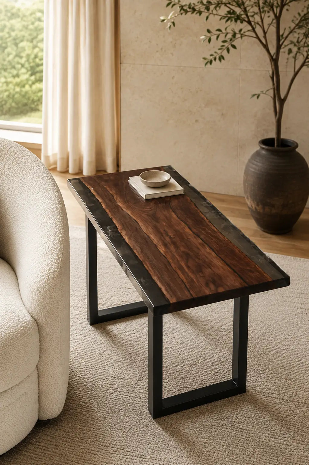 Noir Meridian pure black epoxy river black walnut side and end table SET34