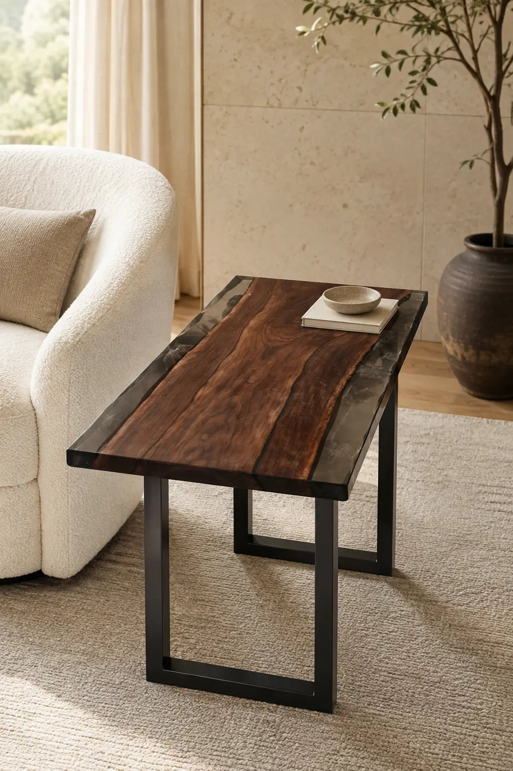 Noir Meridian Pure Black Epoxy River Black Walnut Side & End Table SET34