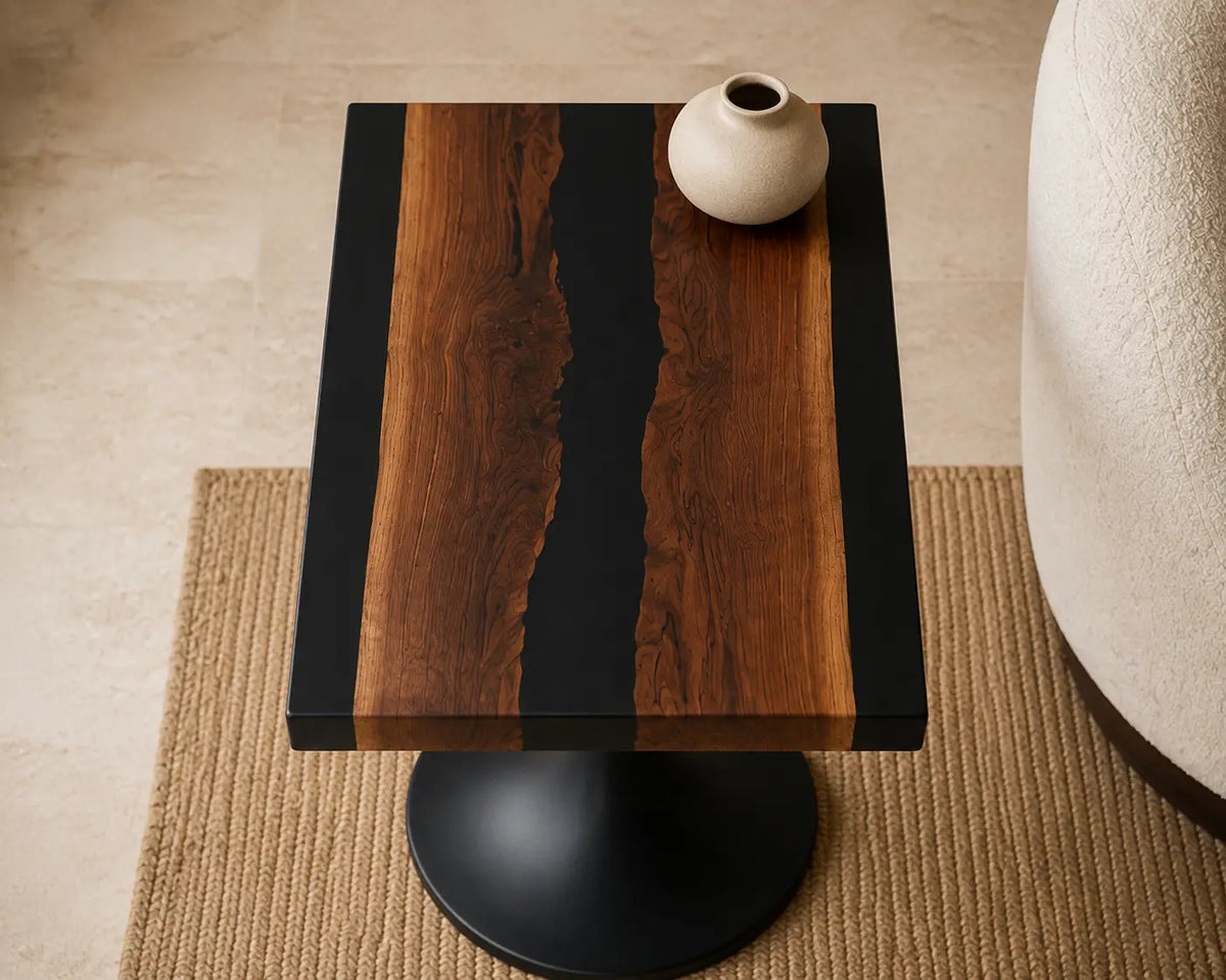 Twin Shadows Smoky Black Epoxy River Black Walnut Side & End Table SET35