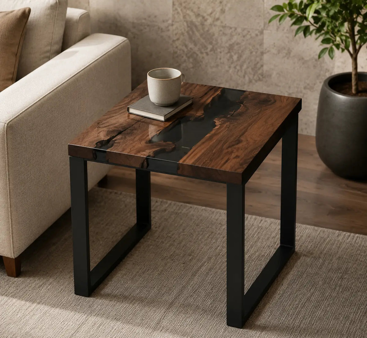 Smoked Channel smoky black transparent epoxy river black walnut side and end table SET36