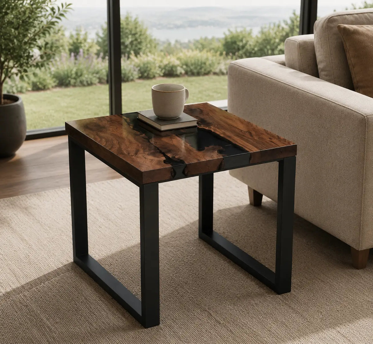 Smoked Channel Smoky Black Transparent Epoxy River Black Walnut Side & End Table SET36