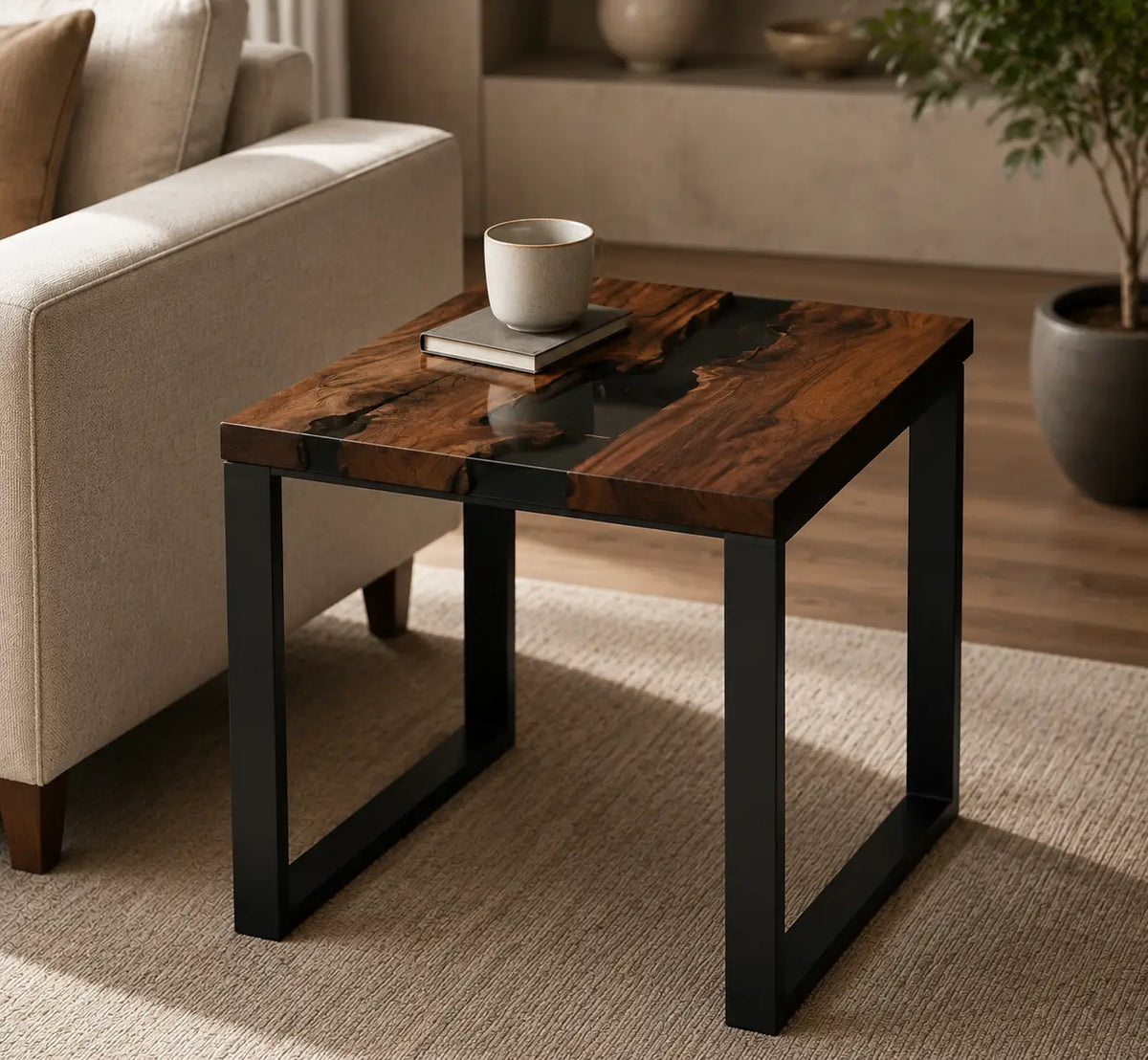 Smoked Channel Smoky Black Transparent Epoxy River Black Walnut Side & End Table SET36