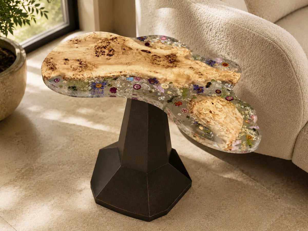 Wildflower Garden crystal-clear botanical epoxy poplar burl side table with colorful preserved flowers SET39