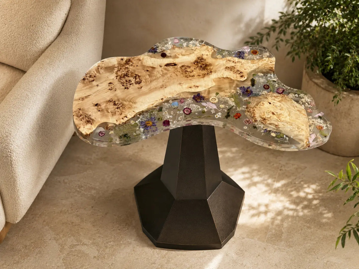 Wildflower Garden Crystal Clear & Botanical Inlays Epoxy Poplar Burl Side Table SET39