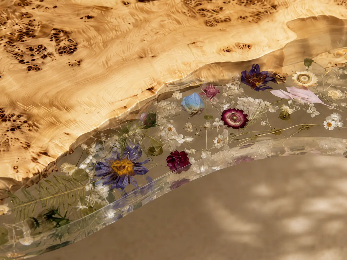 Wildflower Garden Crystal Clear & Botanical Inlays Epoxy Poplar Burl Side Table SET39