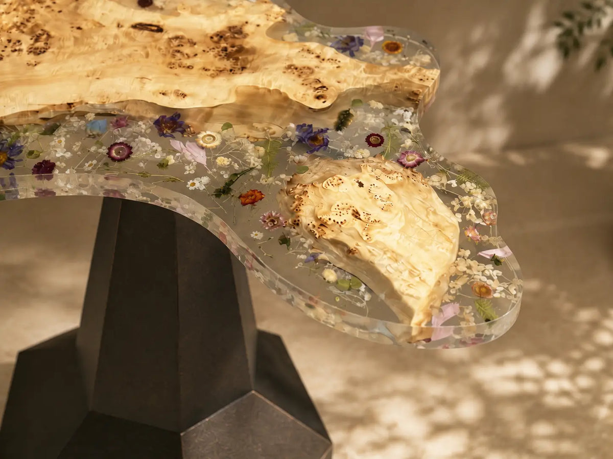 Wildflower Garden Crystal Clear & Botanical Inlays Epoxy Poplar Burl Side Table SET39