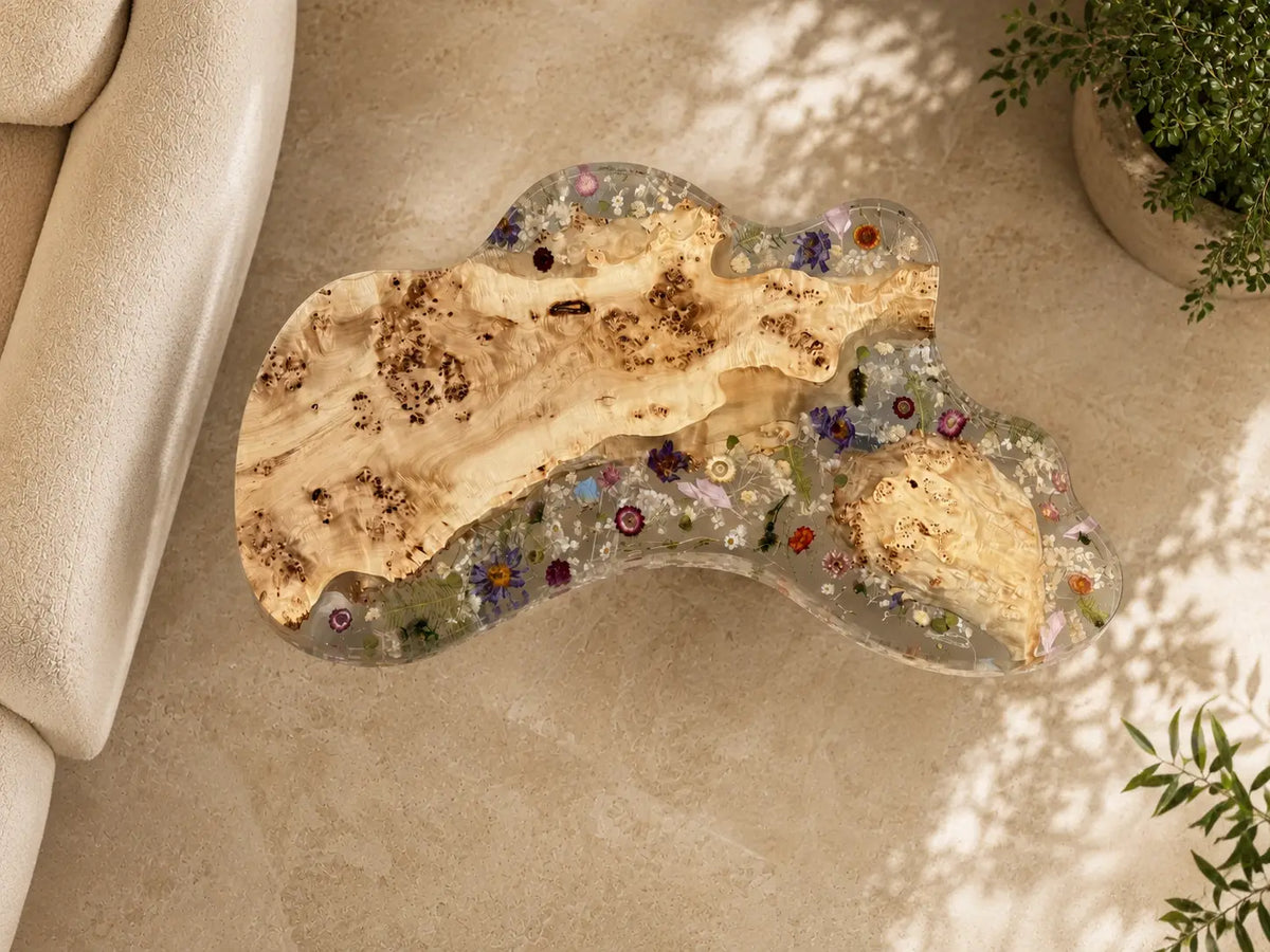 Wildflower Garden Crystal Clear & Botanical Inlays Epoxy Poplar Burl Side Table SET39