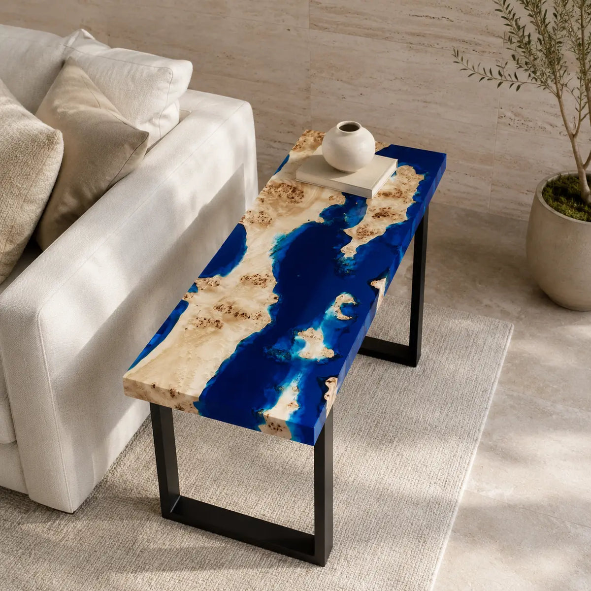 Cobalt Archipelago cobalt-blue and turquoise epoxy river poplar side and end table SET40