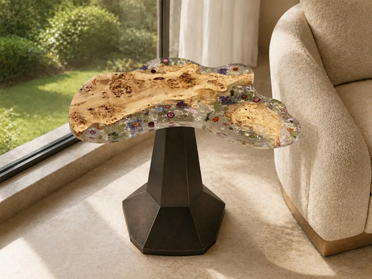 Wildflower Garden Crystal Clear & Botanical Inlays Epoxy Poplar Burl Side Table SET39