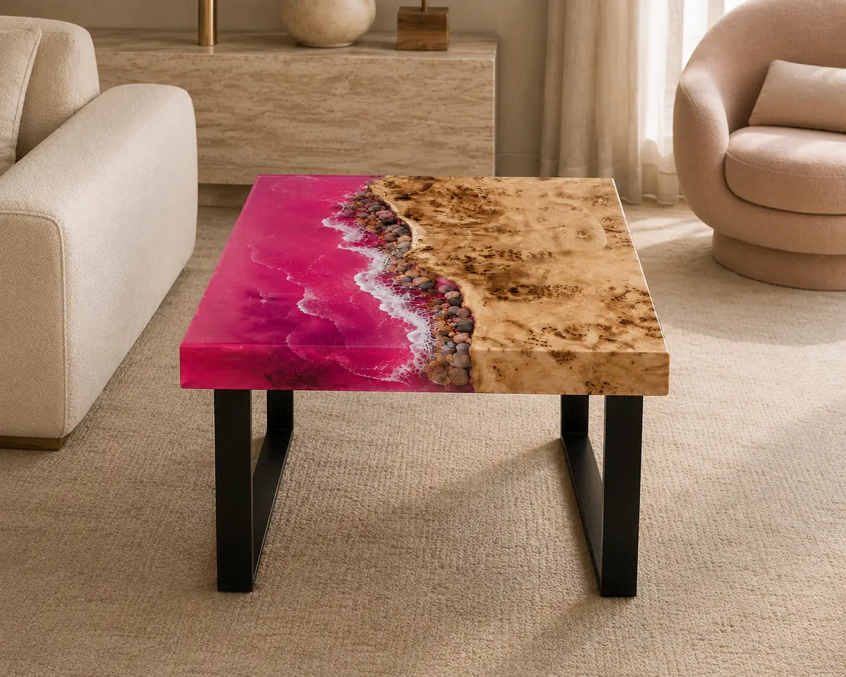 Fuchsia Shore pink epoxy ocean poplar side and end table with white surf and pebble beach SET41