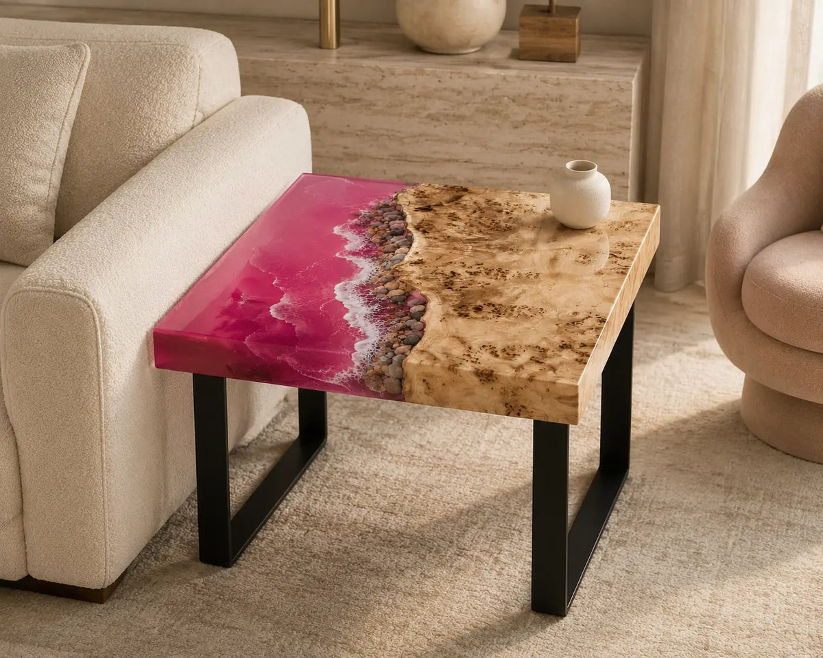 Fuchsia Shore Fuchsia Pink & White Surf Epoxy Ocean Poplar Side & End Table SET41