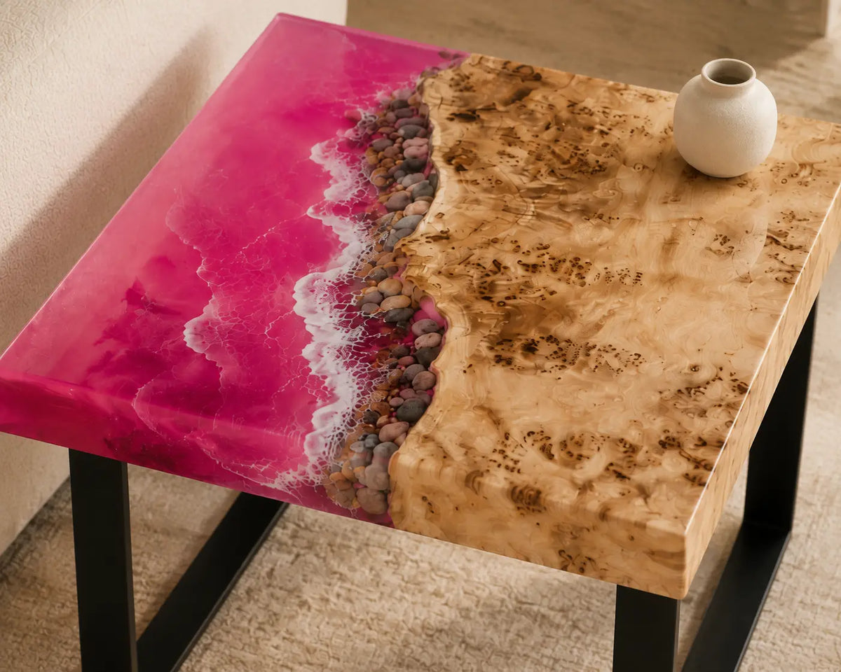 Fuchsia Shore Fuchsia Pink & White Surf Epoxy Ocean Poplar Side & End Table SET41