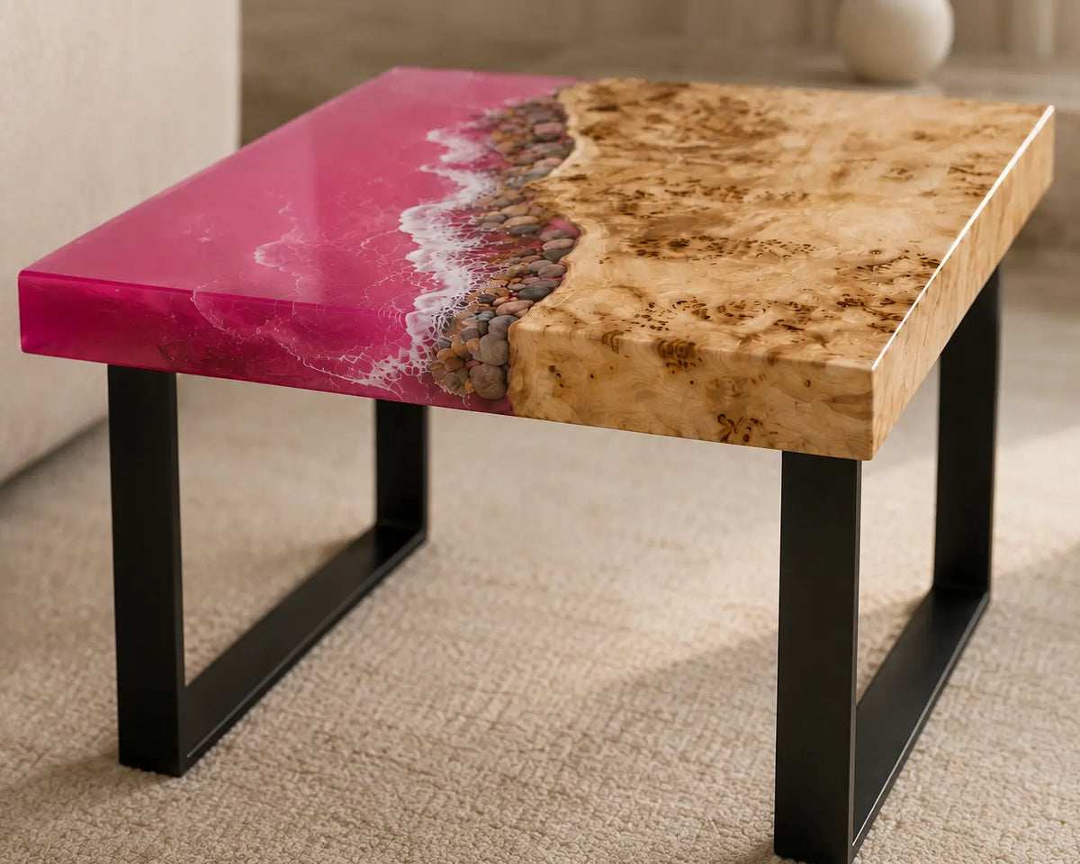 Fuchsia Shore Fuchsia Pink & White Surf Epoxy Ocean Poplar Side & End Table SET41