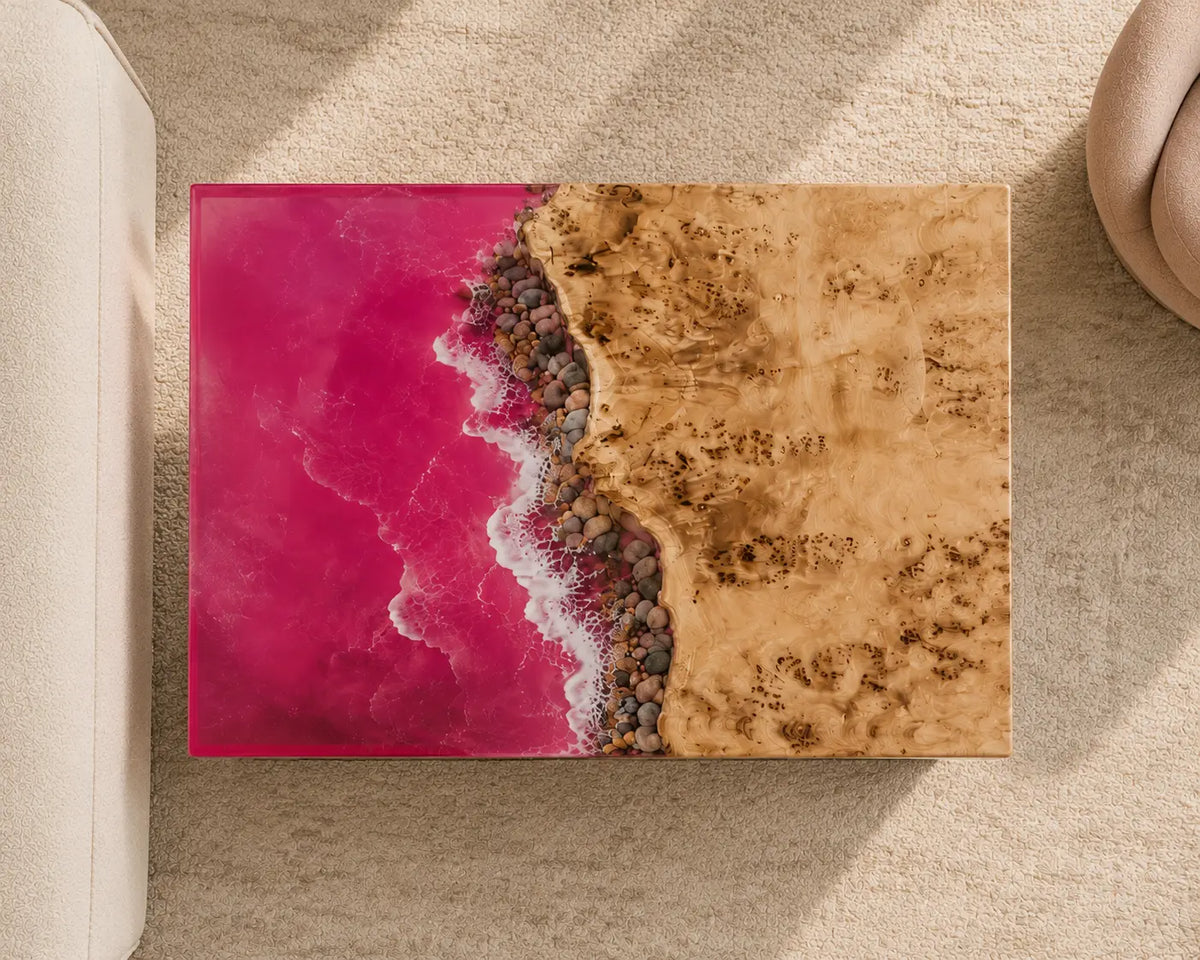 Fuchsia Shore Fuchsia Pink & White Surf Epoxy Ocean Poplar Side & End Table SET41