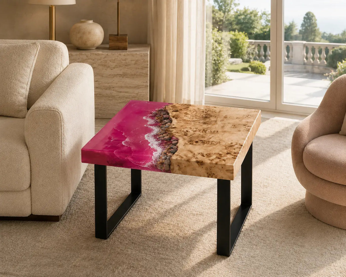 Fuchsia Shore Fuchsia Pink & White Surf Epoxy Ocean Poplar Side & End Table SET41