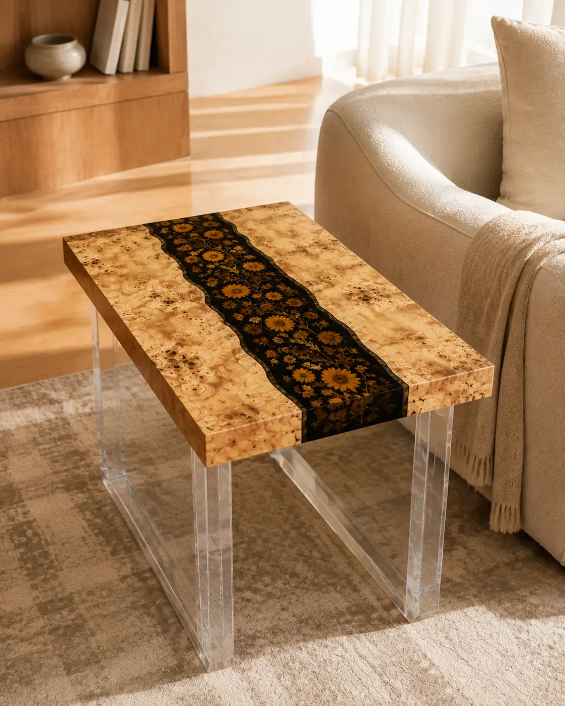 Golden Meadow pure-black epoxy river poplar side and end table with golden floral inlays SET43