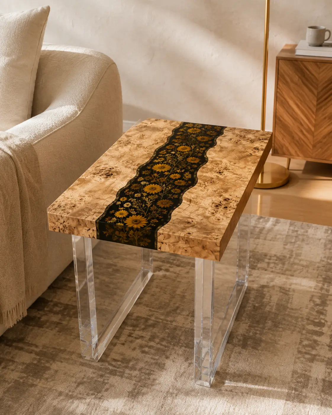 Golden Meadow Pure Black & Golden Floral Inlays Epoxy River Poplar Side & End Table SET43