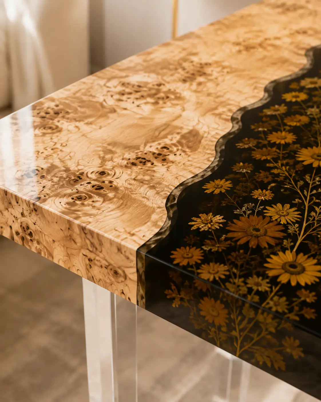 Golden Meadow Pure Black & Golden Floral Inlays Epoxy River Poplar Side & End Table SET43