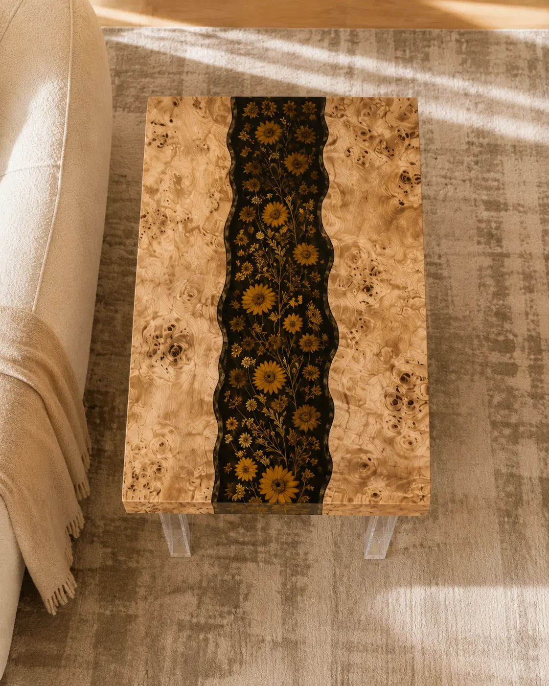 Golden Meadow Pure Black & Golden Floral Inlays Epoxy River Poplar Side & End Table SET43