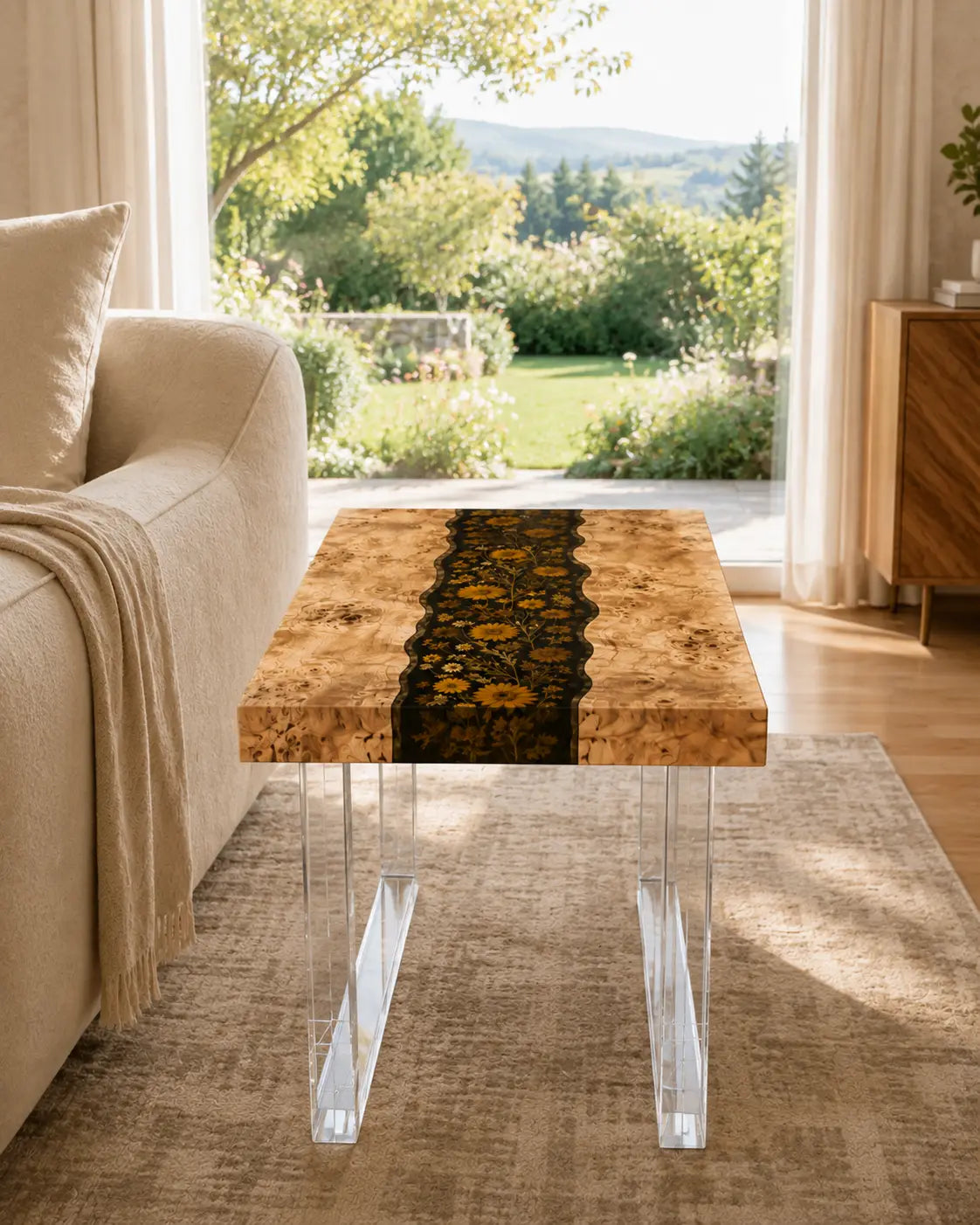 Golden Meadow Pure Black & Golden Floral Inlays Epoxy River Poplar Side & End Table SET43