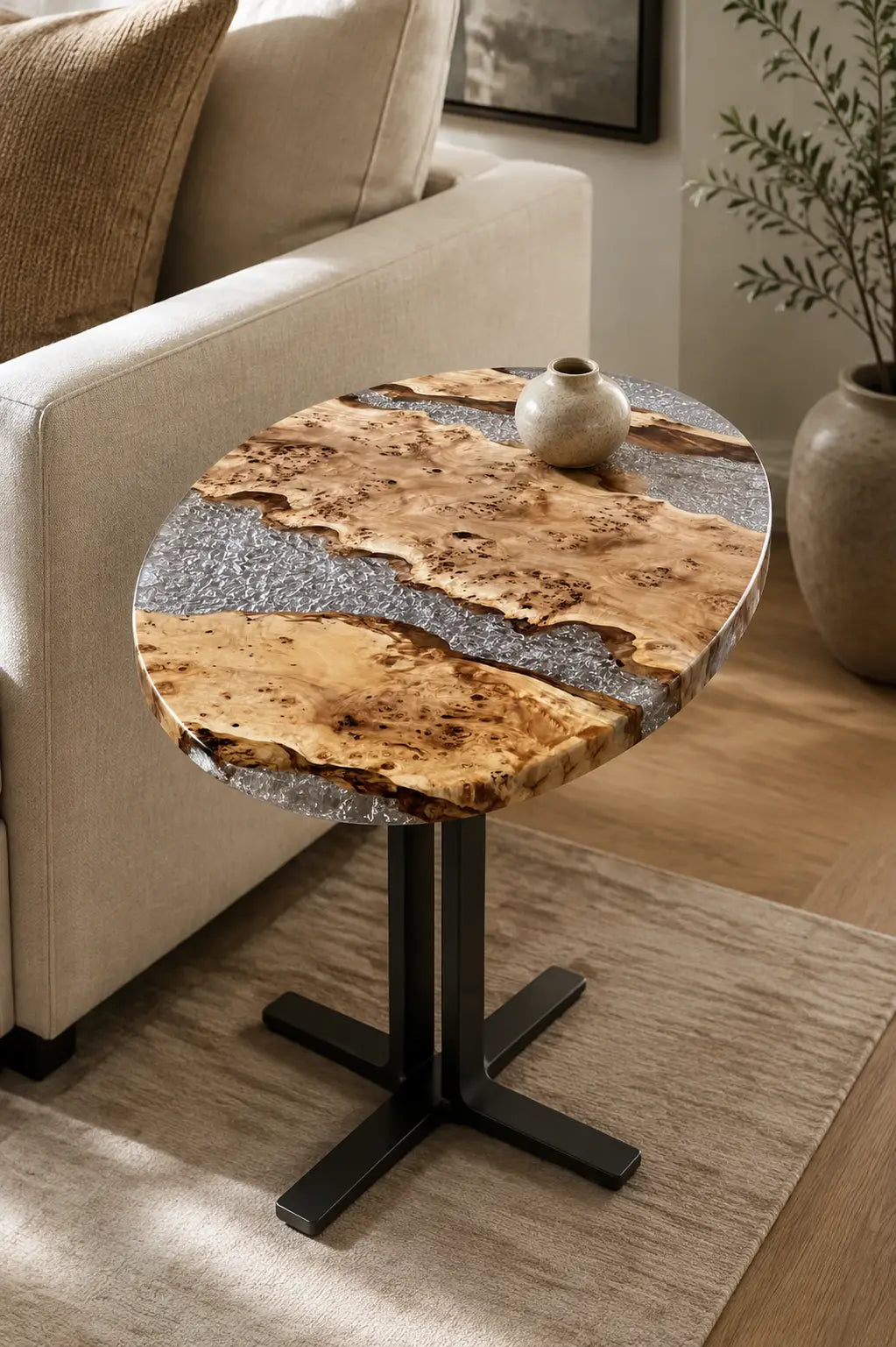 Crystal Pebble crystal clear with pebble inlays epoxy poplar side and end table SET44