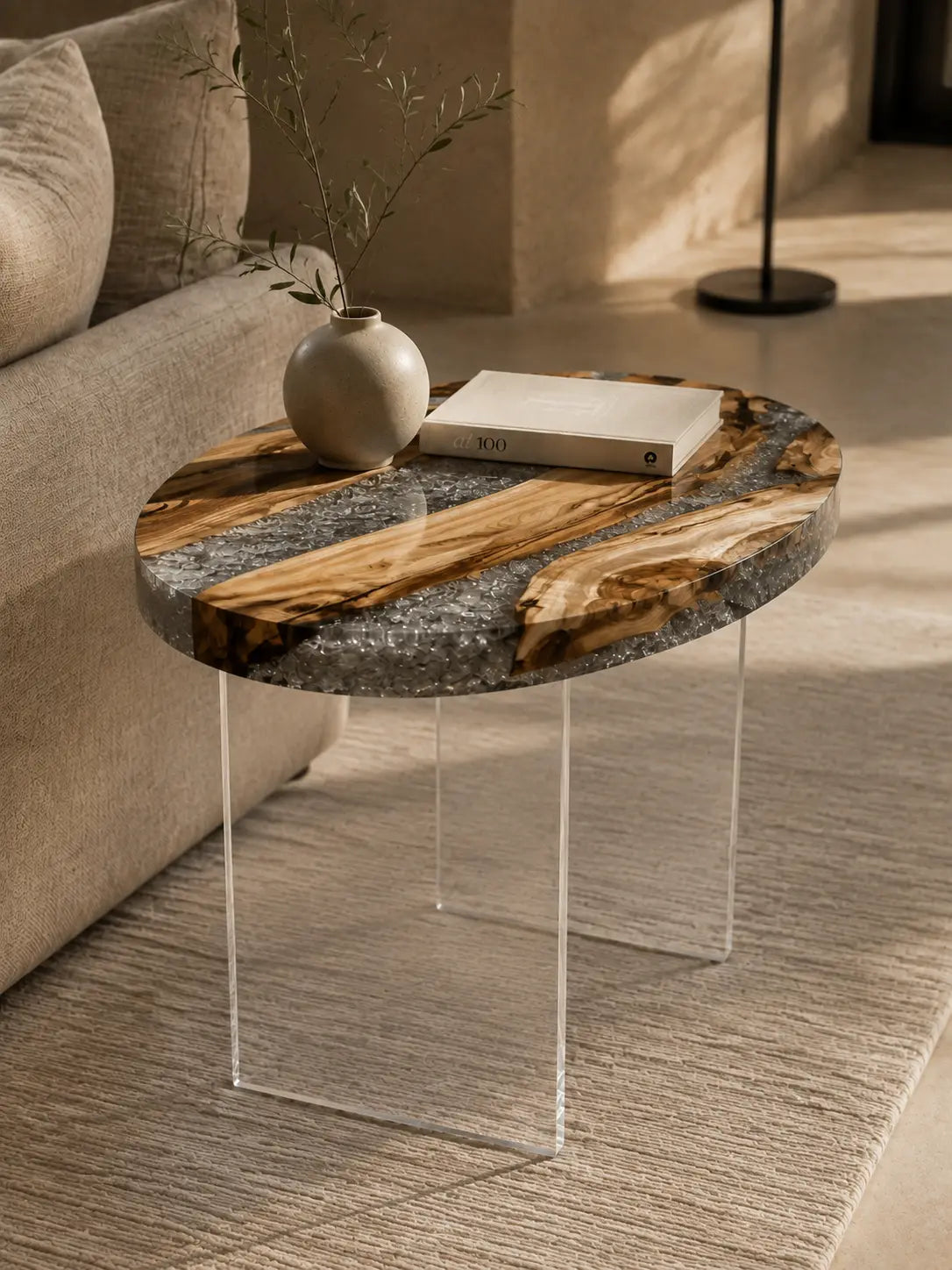 Silver Crystal clear epoxy Italian olive wood side table with silver crystal texture and acrylic legs SET46