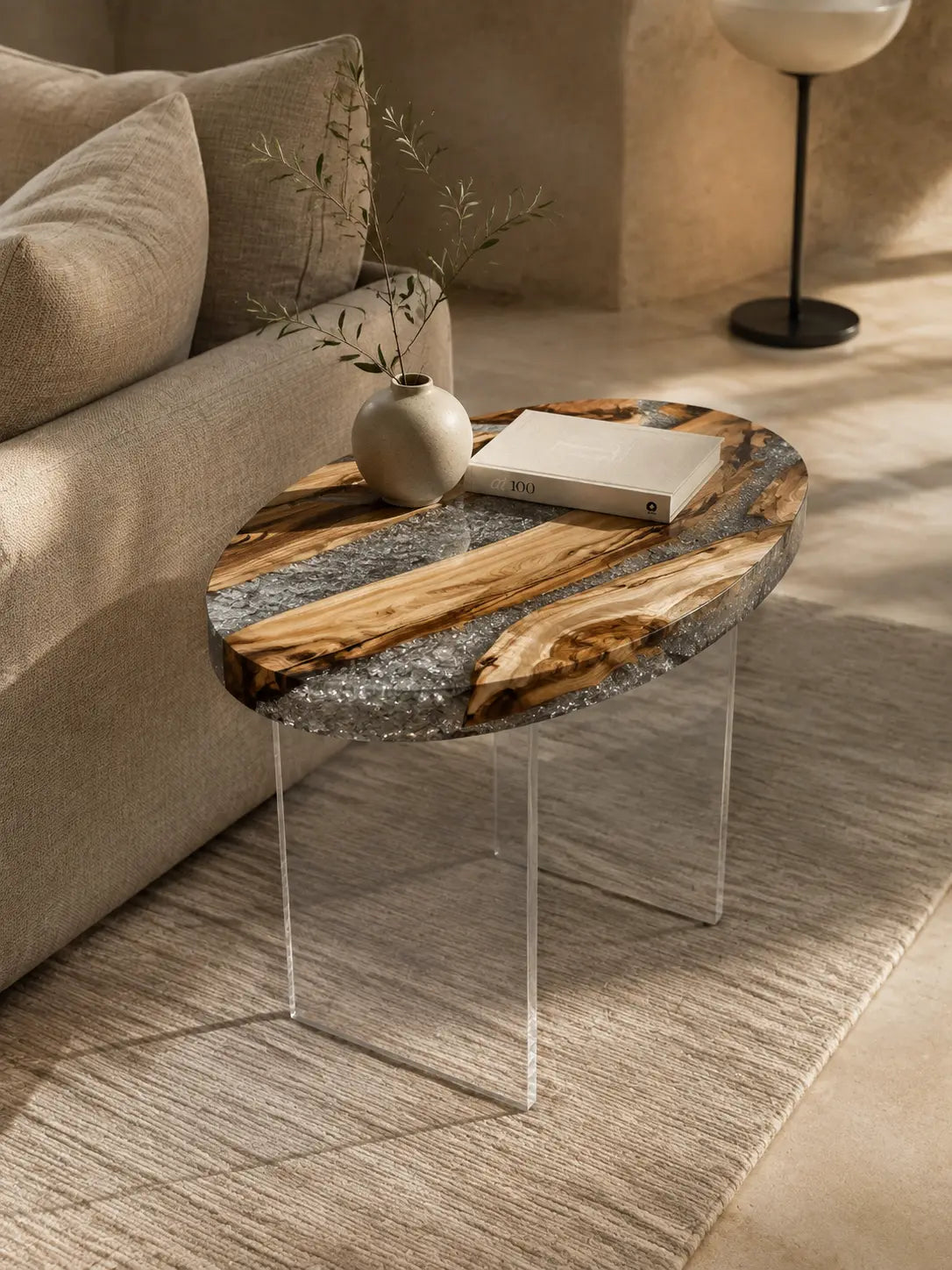 Silver Crystal Crystal Clear Epoxy Italian Olive Wood Side Table SET46