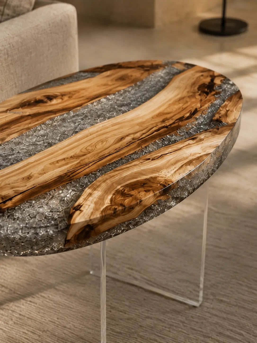 Silver Crystal Crystal Clear Epoxy Italian Olive Wood Side Table SET46