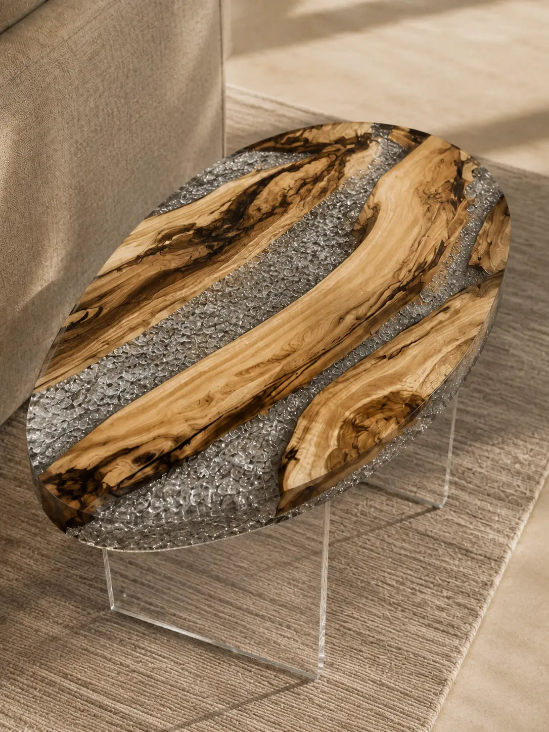 Silver Crystal Crystal Clear Epoxy Italian Olive Wood Side Table SET46