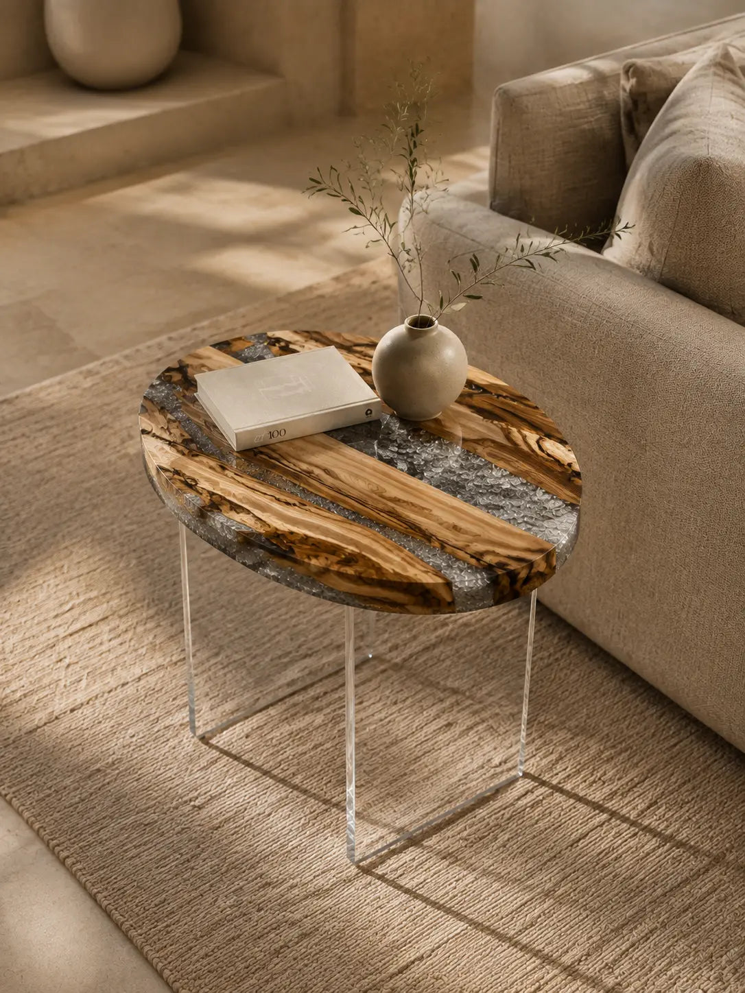 Silver Crystal Crystal Clear Epoxy Italian Olive Wood Side Table SET46