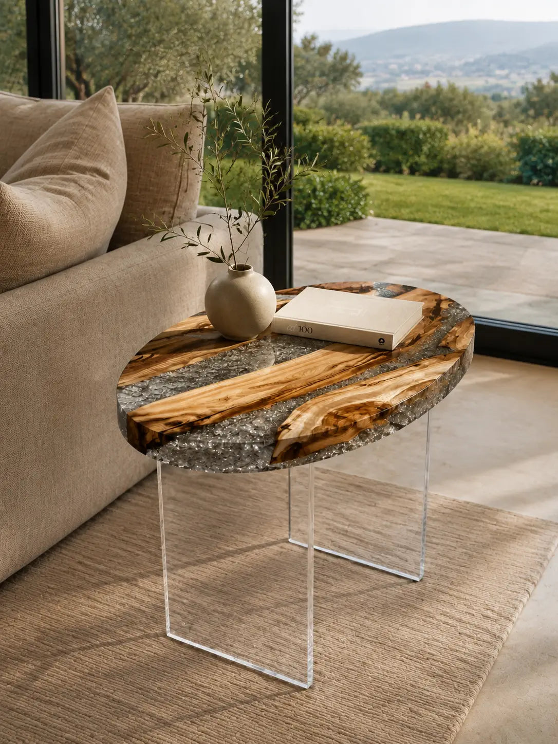 Silver Crystal Crystal Clear Epoxy Italian Olive Wood Side Table SET46