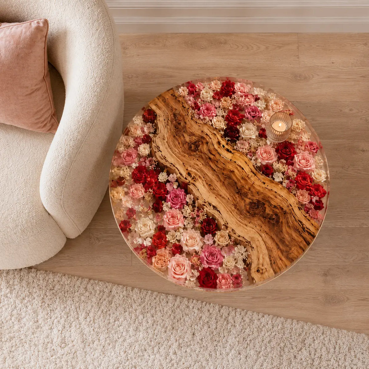 Rose Garden crystal-clear epoxy Italian olive wood round side table with red pink and ivory preserved roses SET47