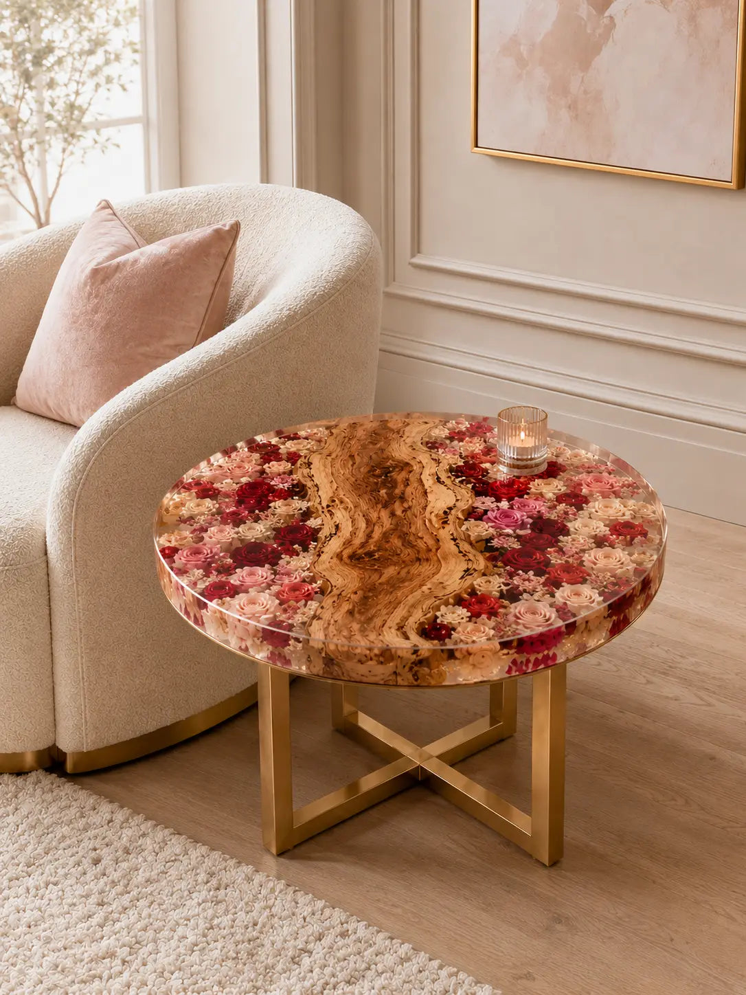 Rose Garden Crystal Clear & Preserved Floral Inlays Epoxy Italian Olive Wood Side Table SET47