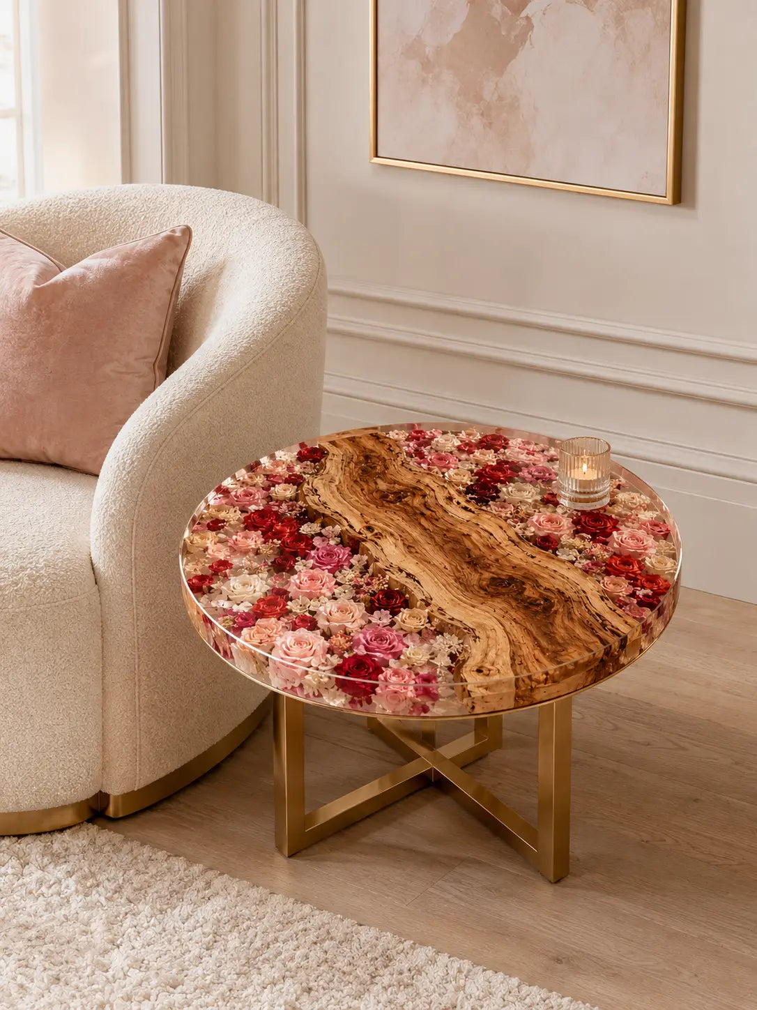 Rose Garden Crystal Clear & Preserved Floral Inlays Epoxy Italian Olive Wood Side Table SET47