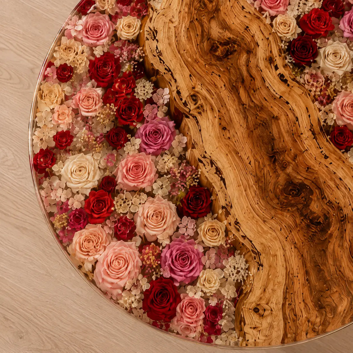 Rose Garden Crystal Clear & Preserved Floral Inlays Epoxy Italian Olive Wood Side Table SET47