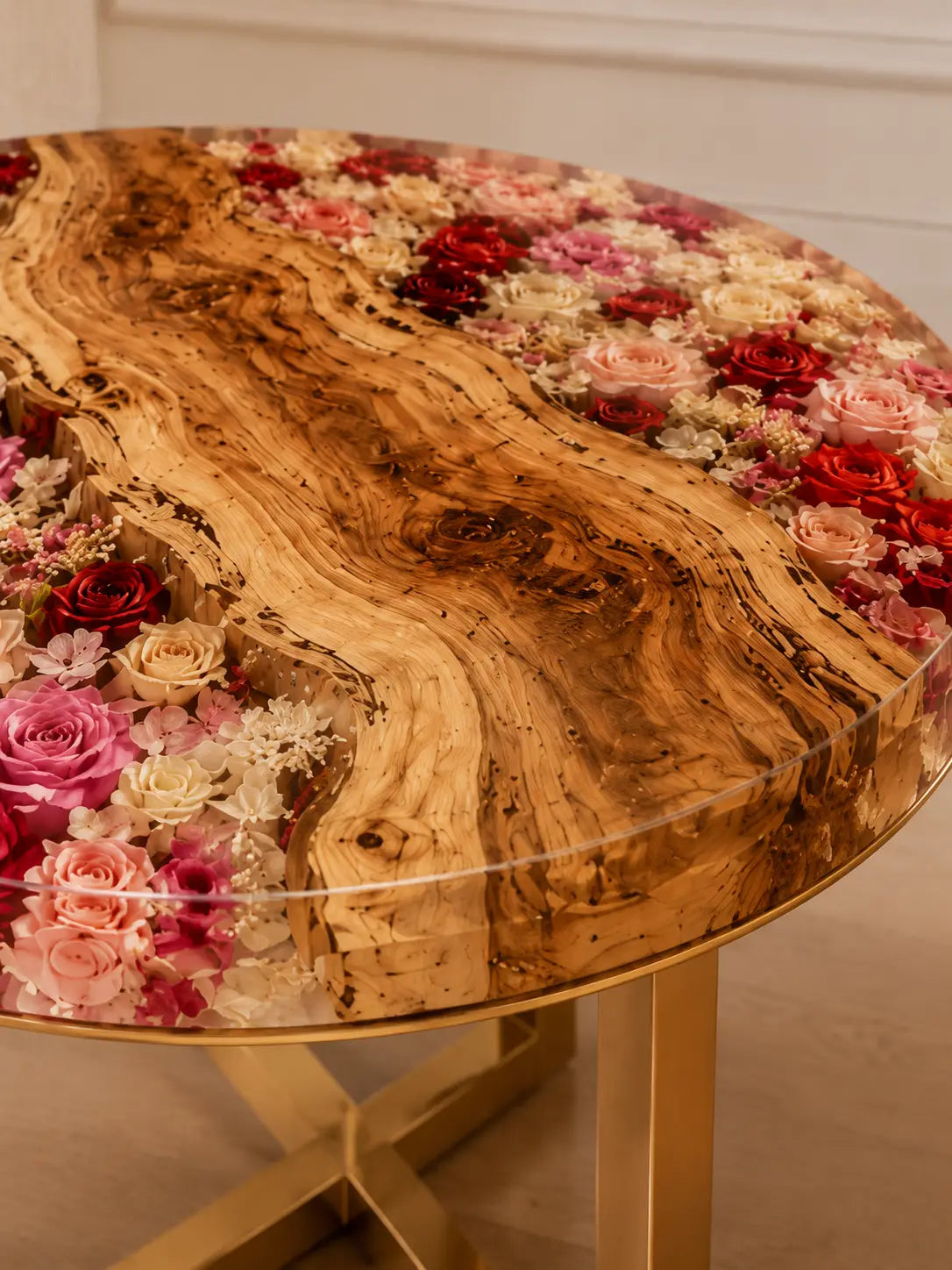 Rose Garden Crystal Clear & Preserved Floral Inlays Epoxy Italian Olive Wood Side Table SET47