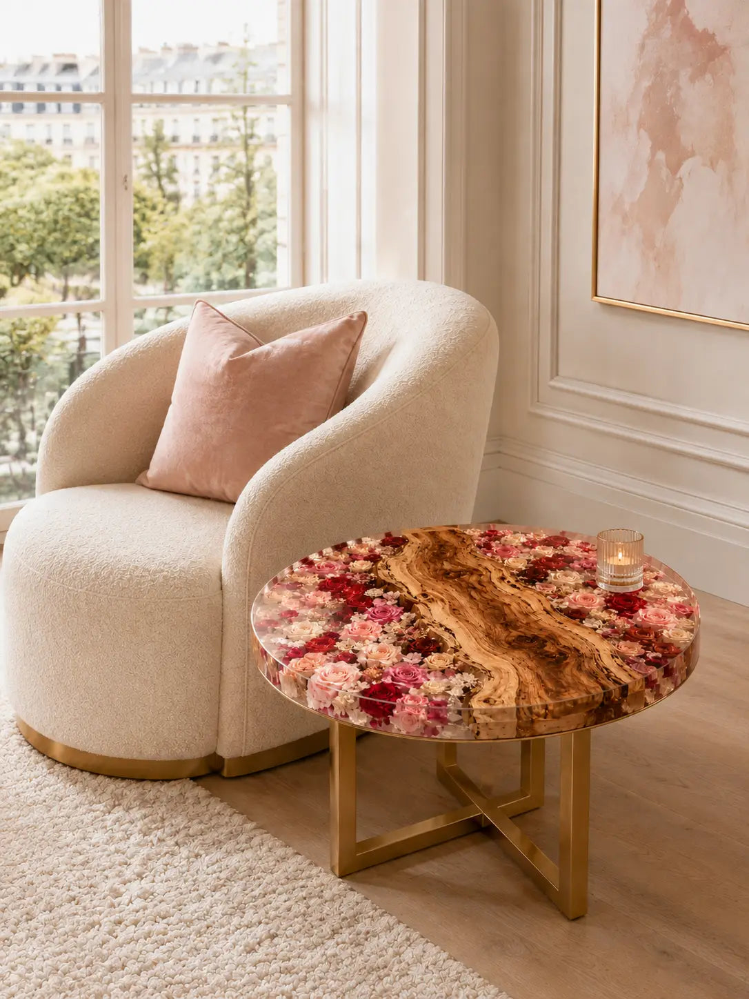 Rose Garden Crystal Clear & Preserved Floral Inlays Epoxy Italian Olive Wood Side Table SET47