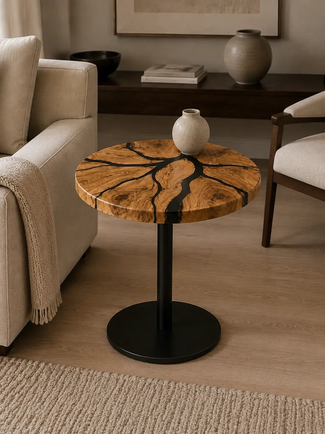 Midnight Burl Pure Black Epoxy Italian Olive Wood Side & End Table SET48