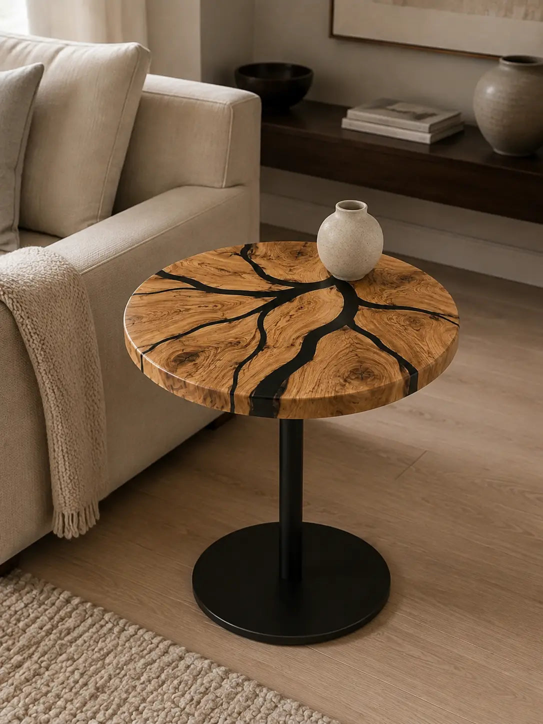 Midnight Burl Pure Black Epoxy Italian Olive Wood Side & End Table SET48