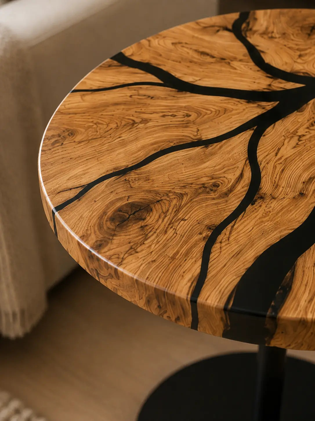 Midnight Burl Pure Black Epoxy Italian Olive Wood Side & End Table SET48
