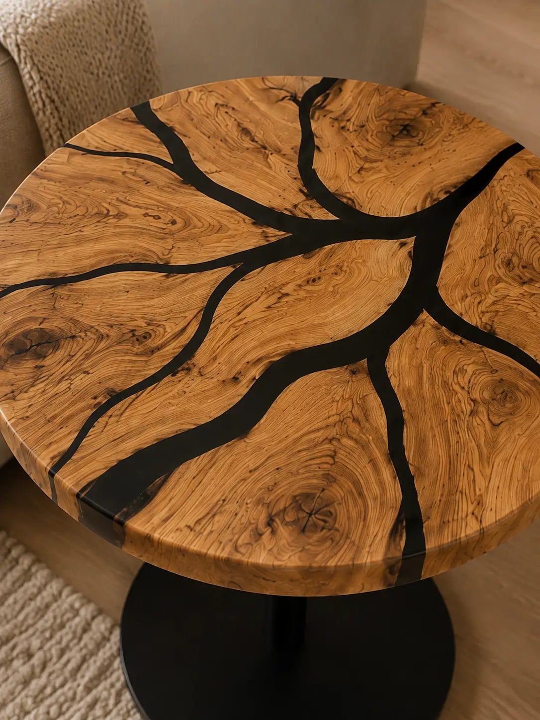 Midnight Burl Pure Black Epoxy Italian Olive Wood Side & End Table SET48