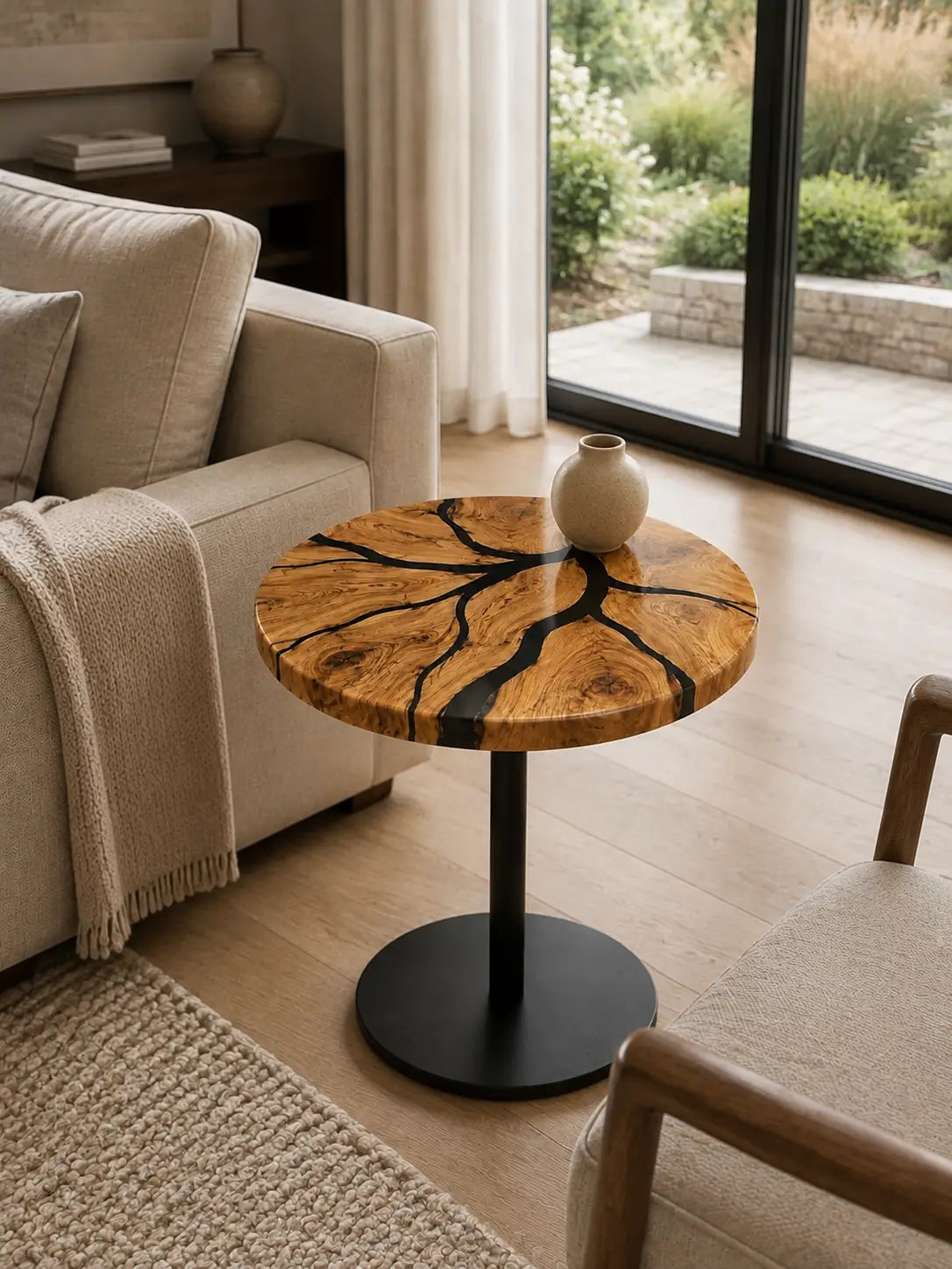 Midnight Burl Pure Black Epoxy Italian Olive Wood Side & End Table SET48
