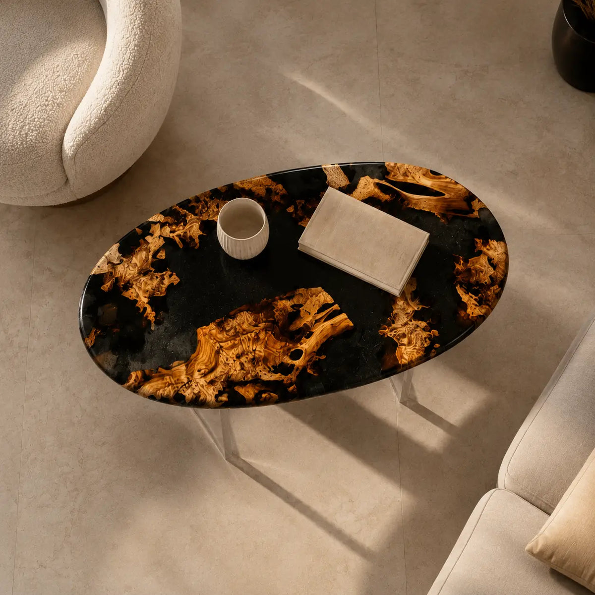 Cedar Eclipse pure black epoxy cedar burl side and end table SET49